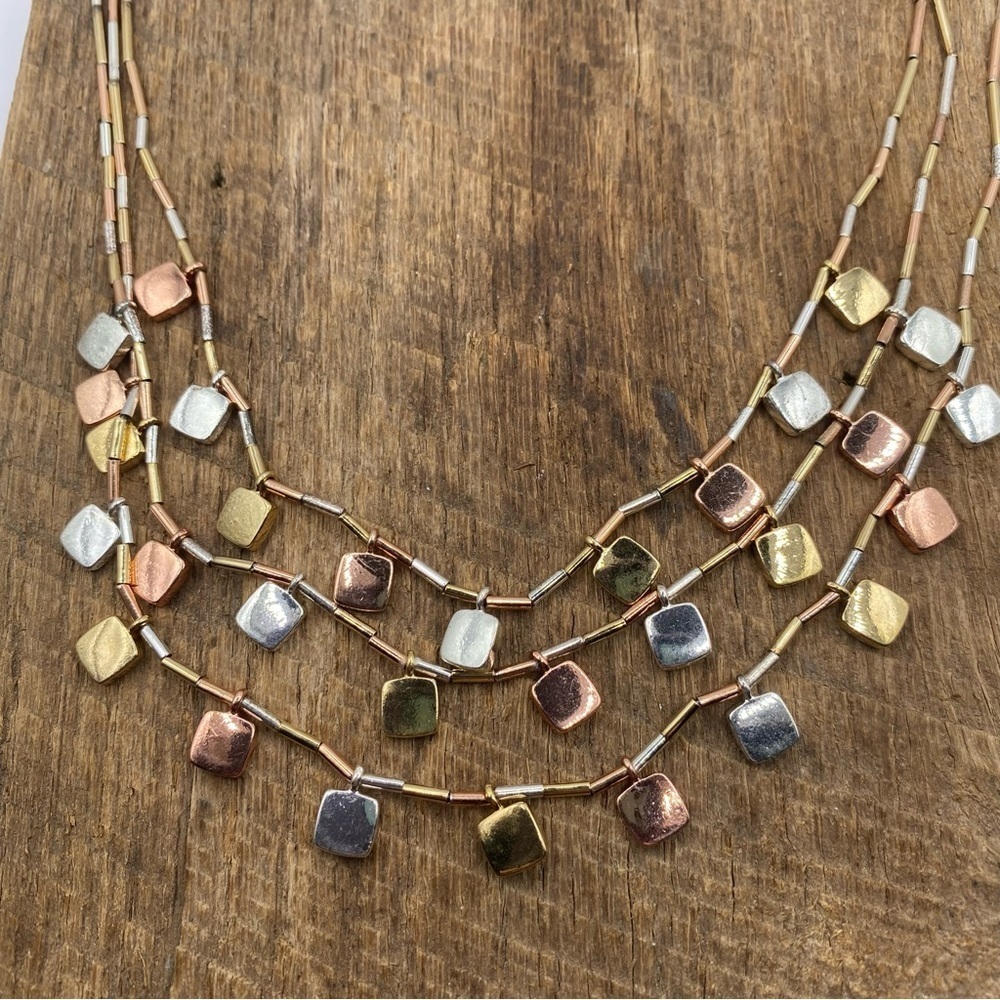 Multi-strand Tri-colored Metallic Beaded Necklace